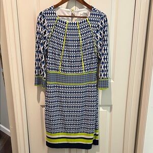 Joseph Ribkoff Blue Geometric Print Dress Lime Trim Size 10